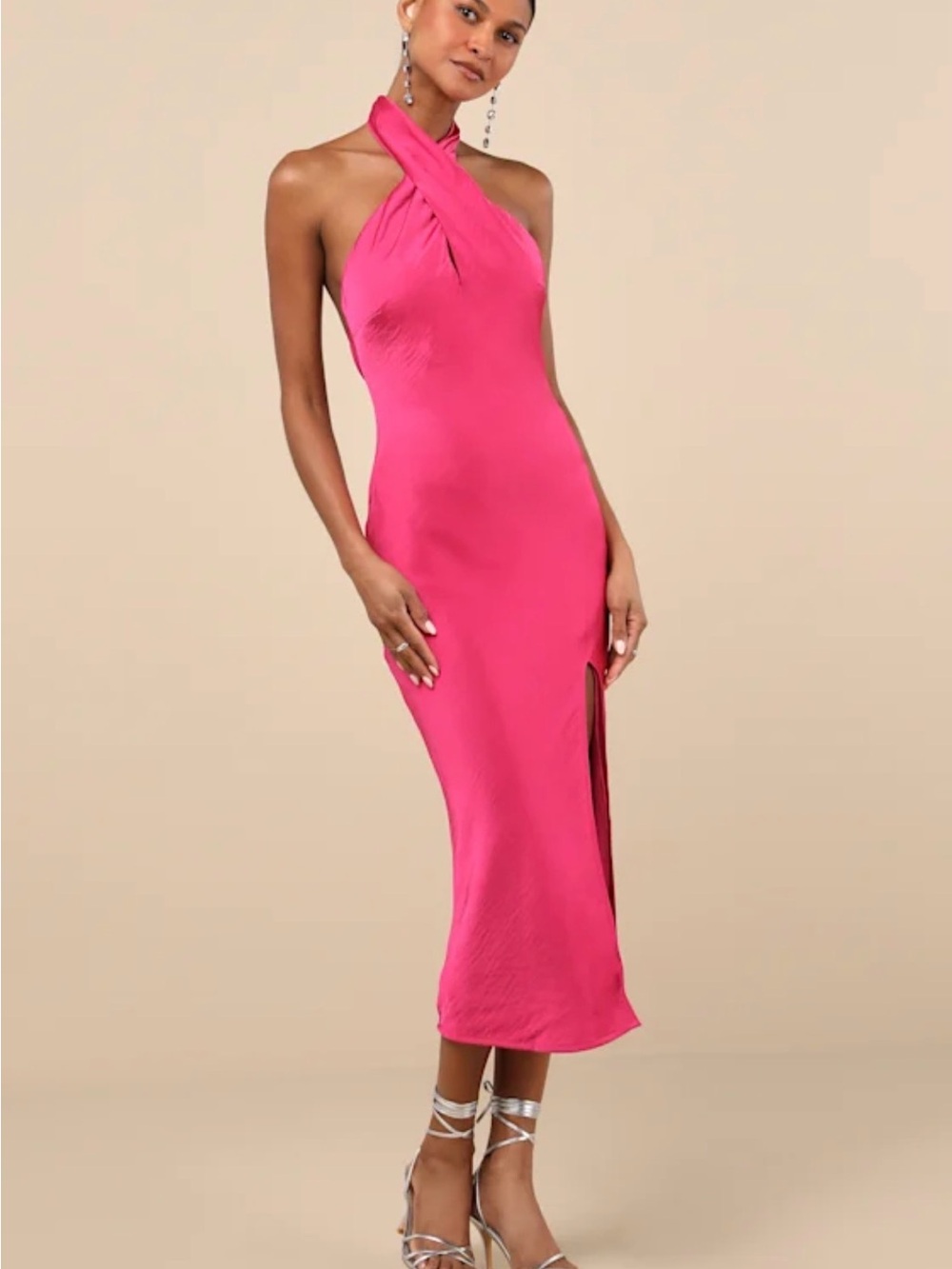 Lulu's “Beyond Classy” Fuchsia Halter Midi Dress with Side Slit XS